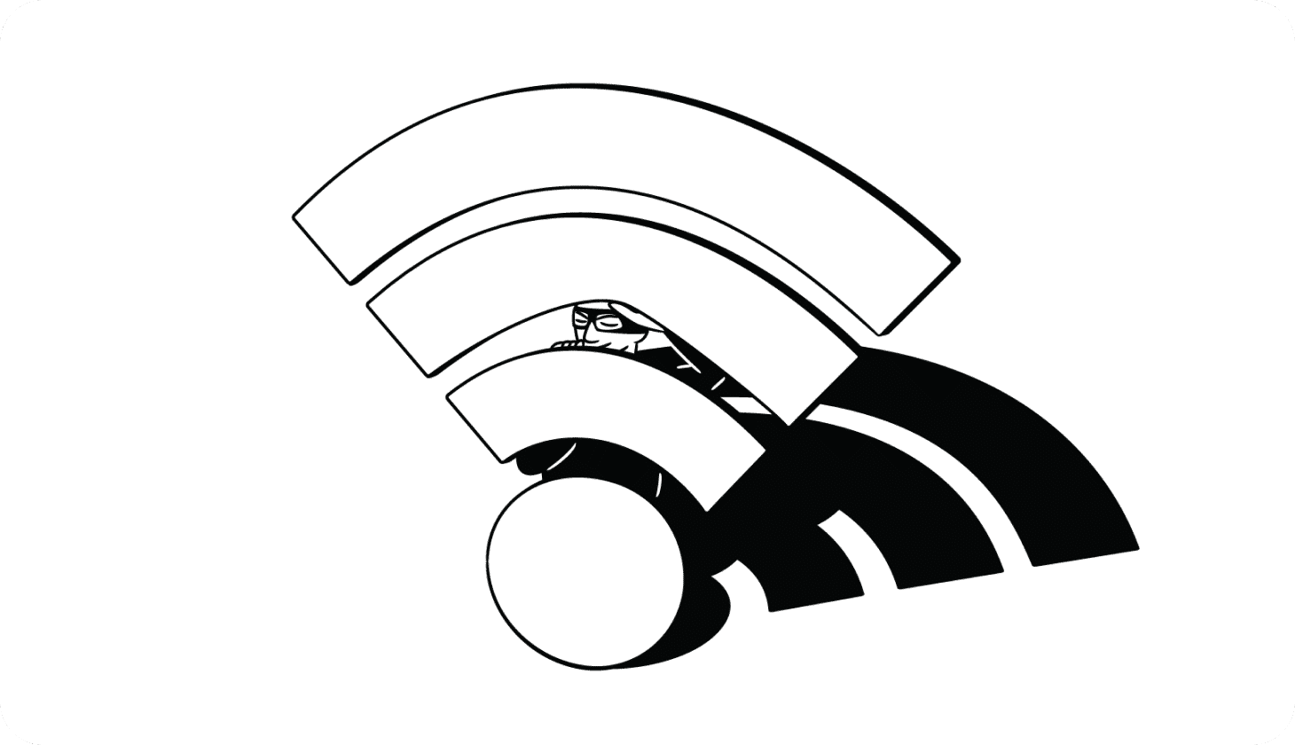 Illustration of a criminal hiding behind a larger-than-life 3D Wi-Fi symbol.