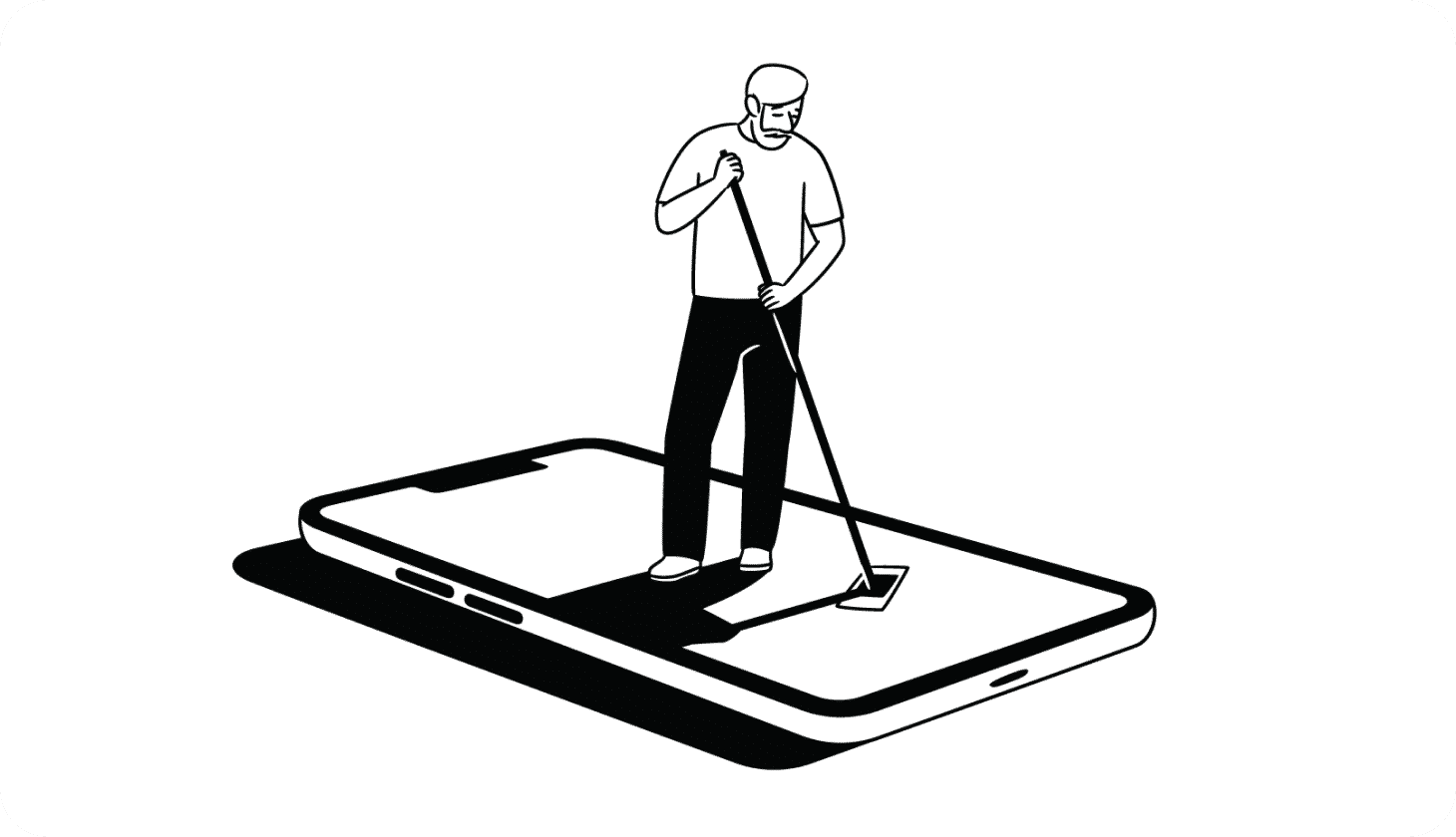 An illustration showing someone mopping a life-size phone