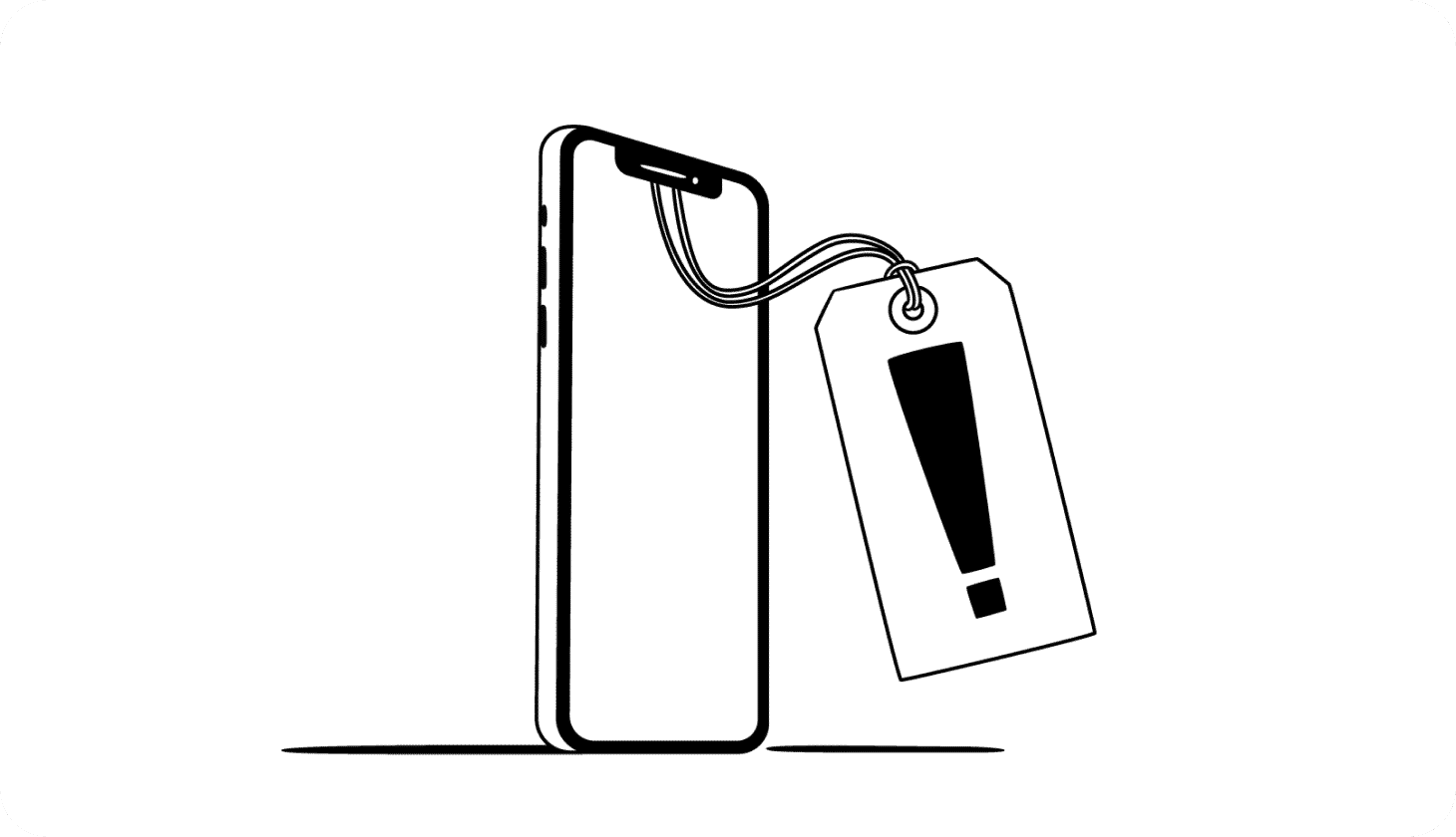 Illustration of a smartphone with a tag hanging off of it with an exclamation mark to signify a warning about scams.