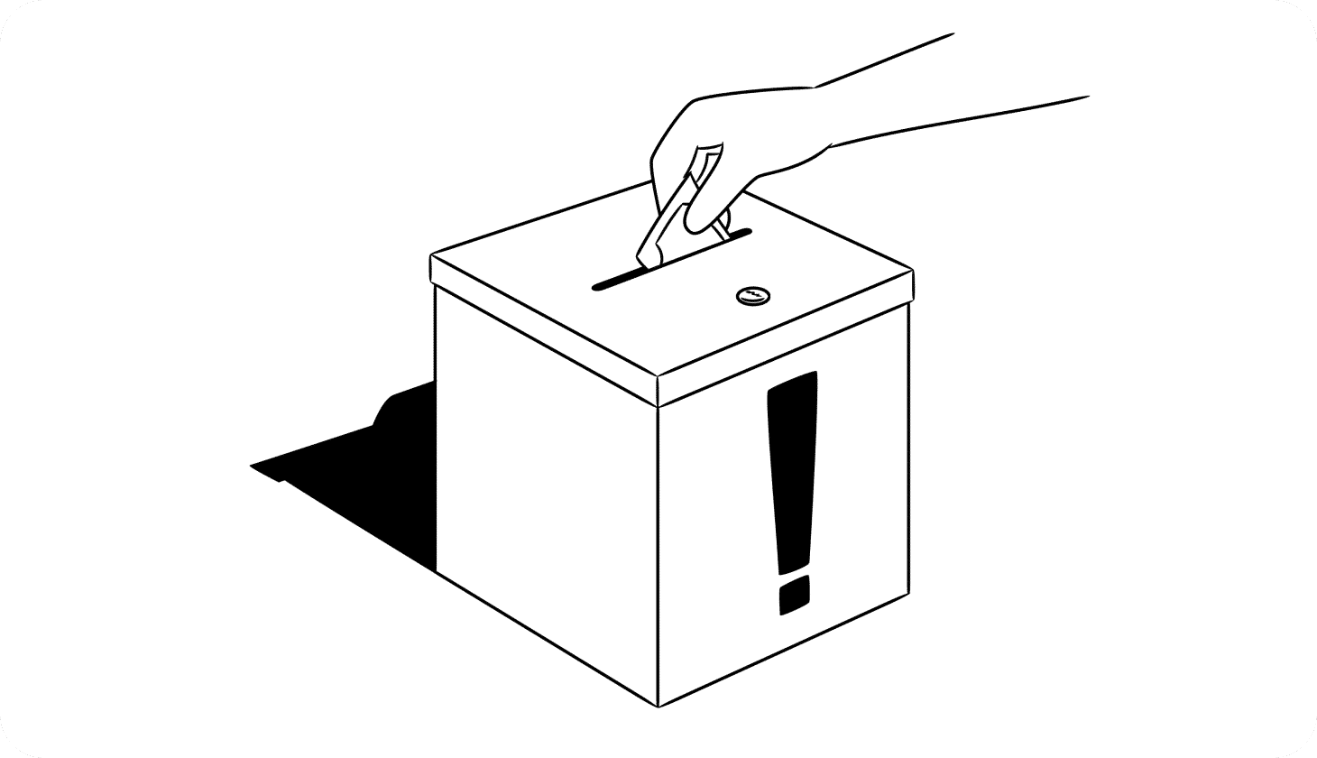 Illustration of a hand placing money into a donation box with an exclamation on it