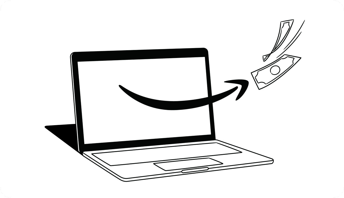 Illustration of a laptop with the Amazon logo and a pile of cash floating away