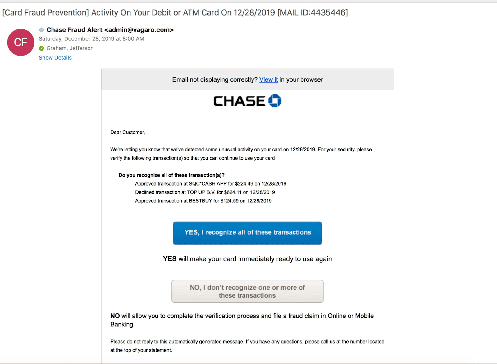 A scam email claiming to be fraud protection from Chase bank