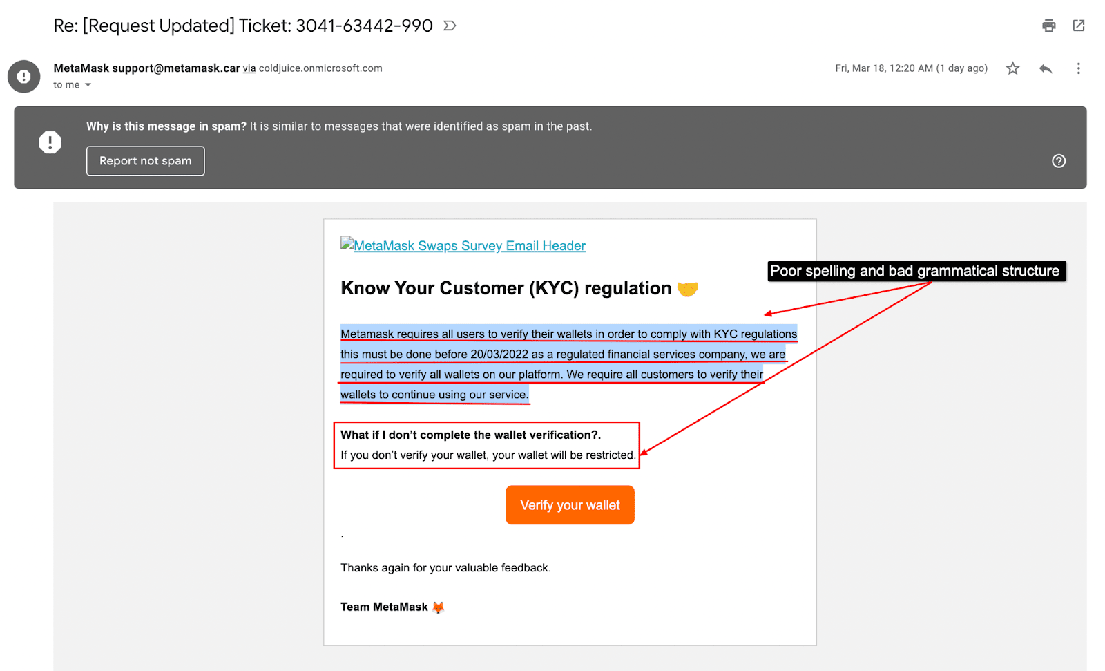 An example of a phishing email with poor grammar highlighted to see the difference