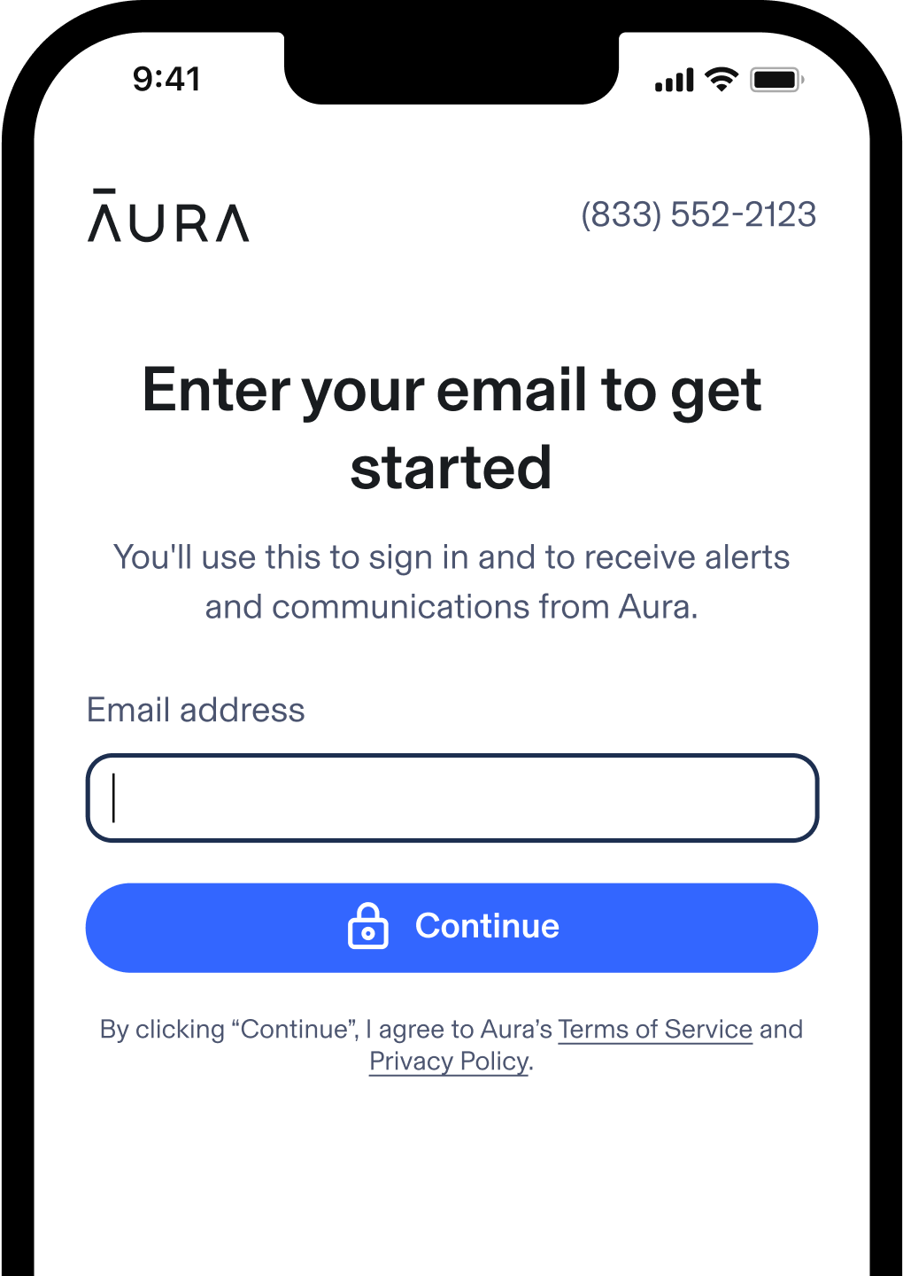 Aura UI: “Enter your email to get started. You’ll use this to sign in and to receive alerts and communications from Aura.