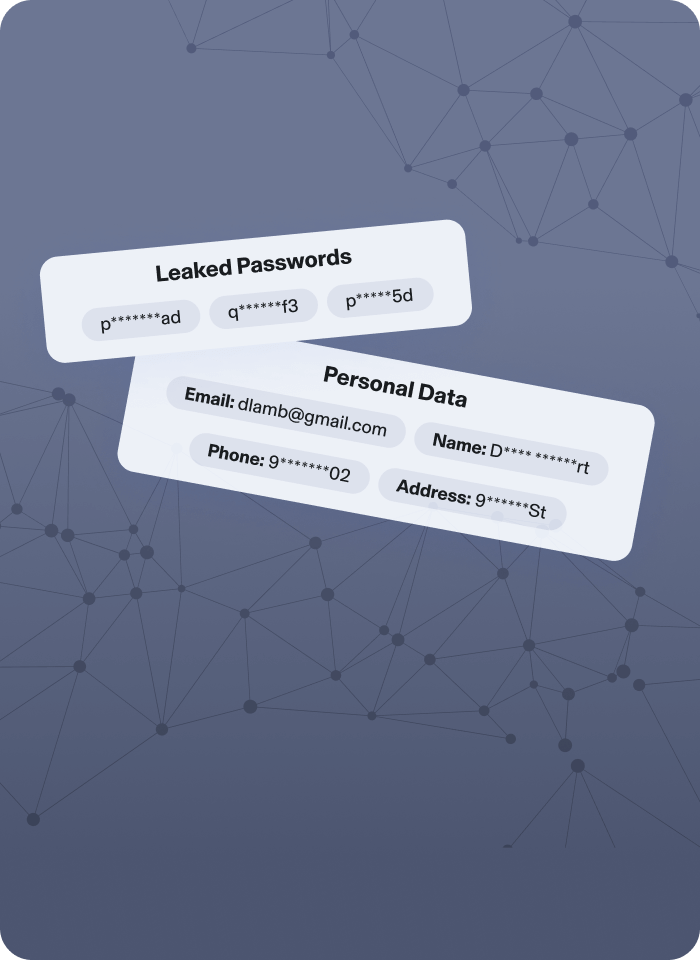 Illustration of a dark web alert: “Leaked Passwords”, “Personal Data”