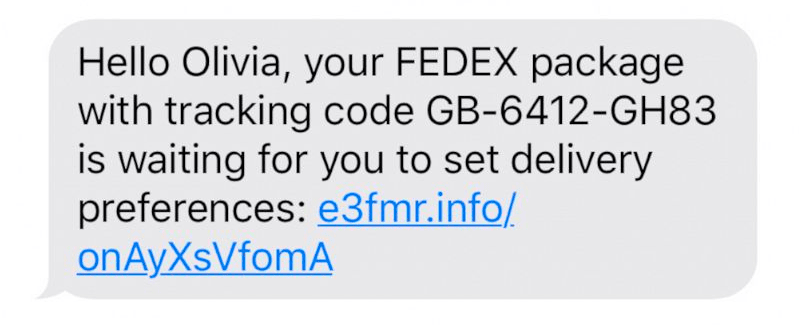 Example of a fake delivery notification text scam