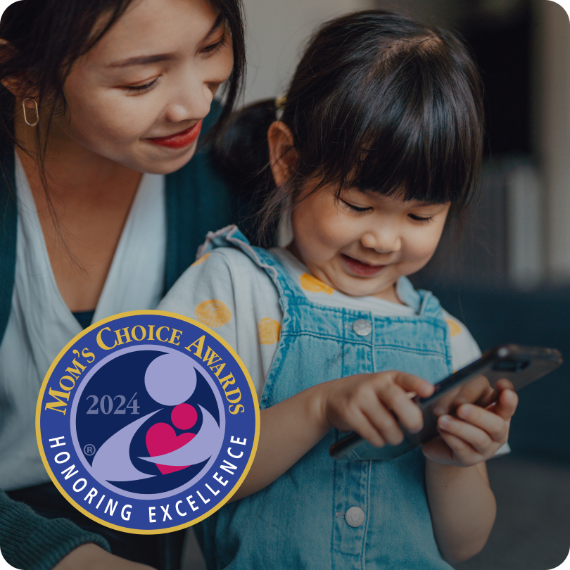 Mother and daughter using a phone. On-screen badge reads: Mom’s Choice Awards 2024 — Honoring Excellence